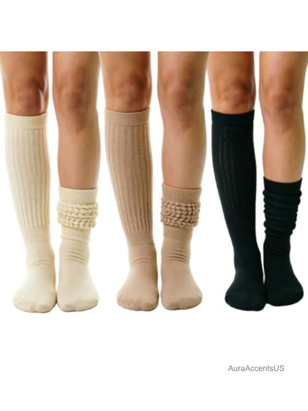 Knee High Socks Seamless Toe Stripe Tube Slouch Socks 3 Pairs